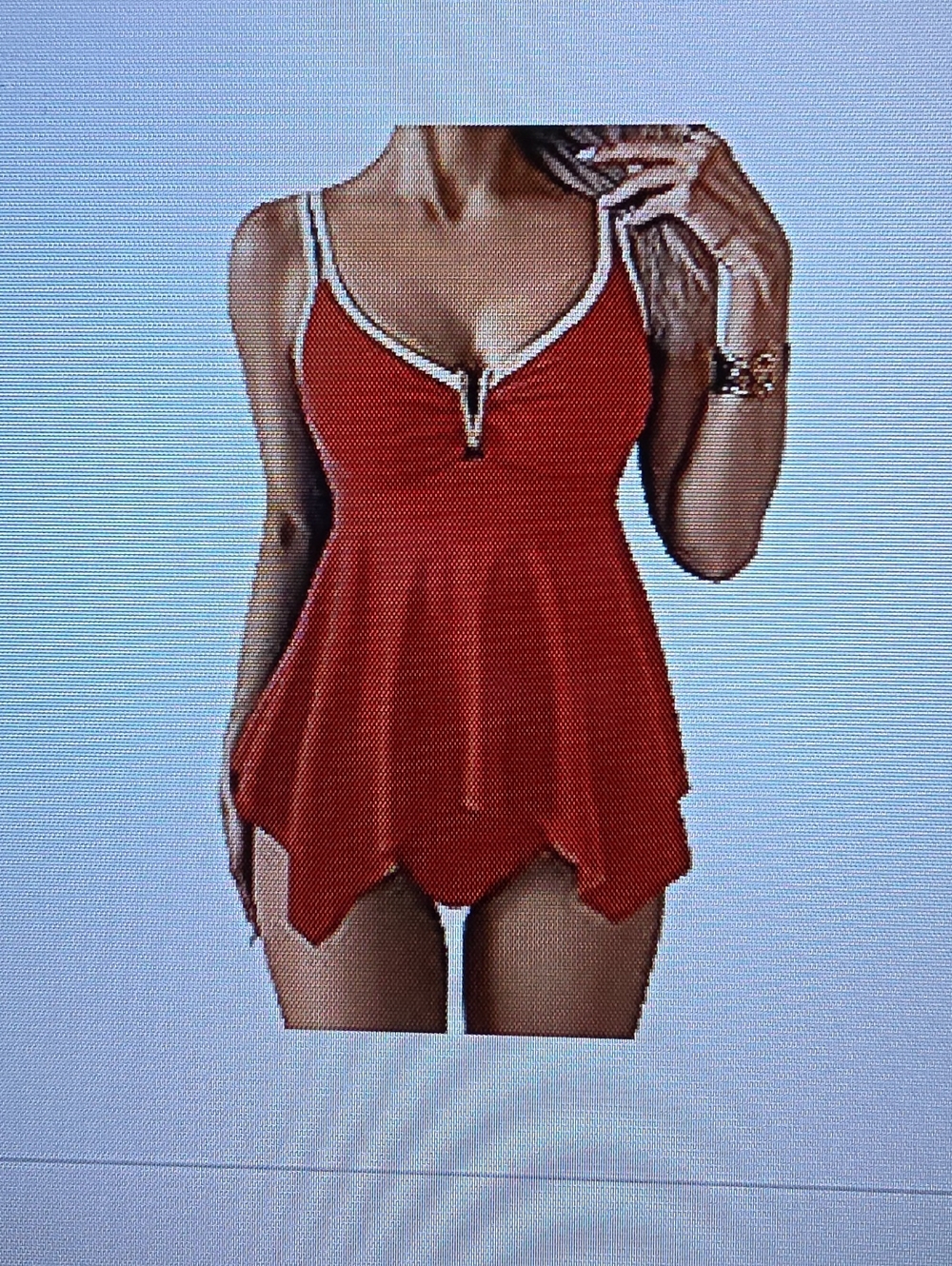 Flattering Red V-Neck Tankini with Decorative Front Zip